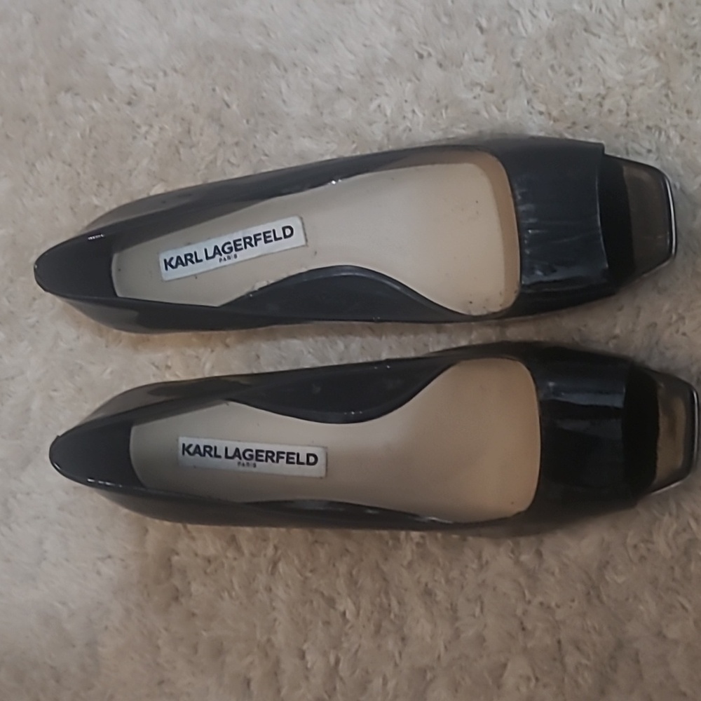 Karl Lagerfeld black patent leather peep toe pumps